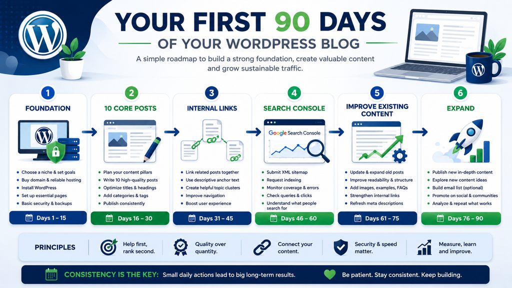 First 90 days of a WordPress blog from site foundation and core content to Search Console and content improvement