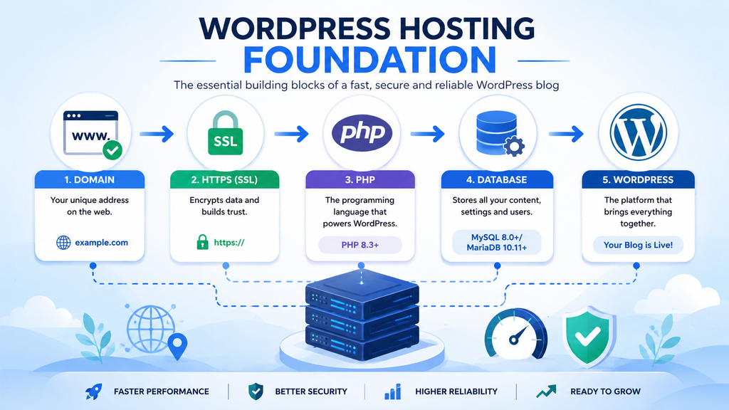 WordPress blog hosting foundation showing domain, HTTPS, PHP, database, and WordPress