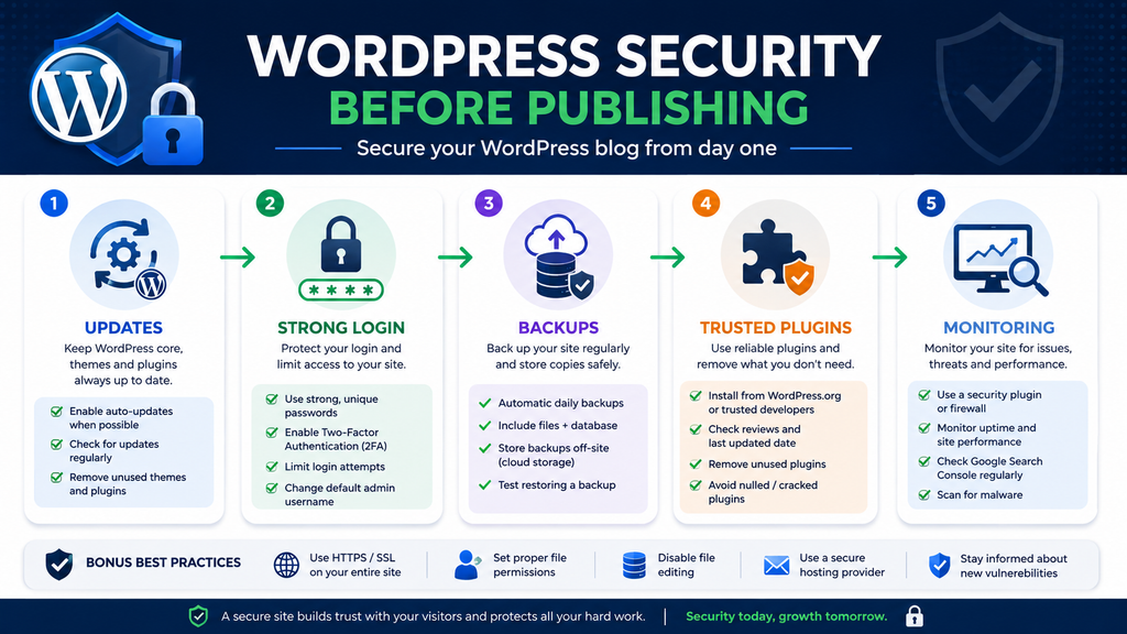 WordPress blog security checklist covering updates, secure login, backups, trusted plugins, and monitoring