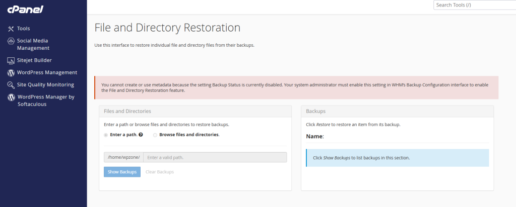 cPanel File and Directory Restoration