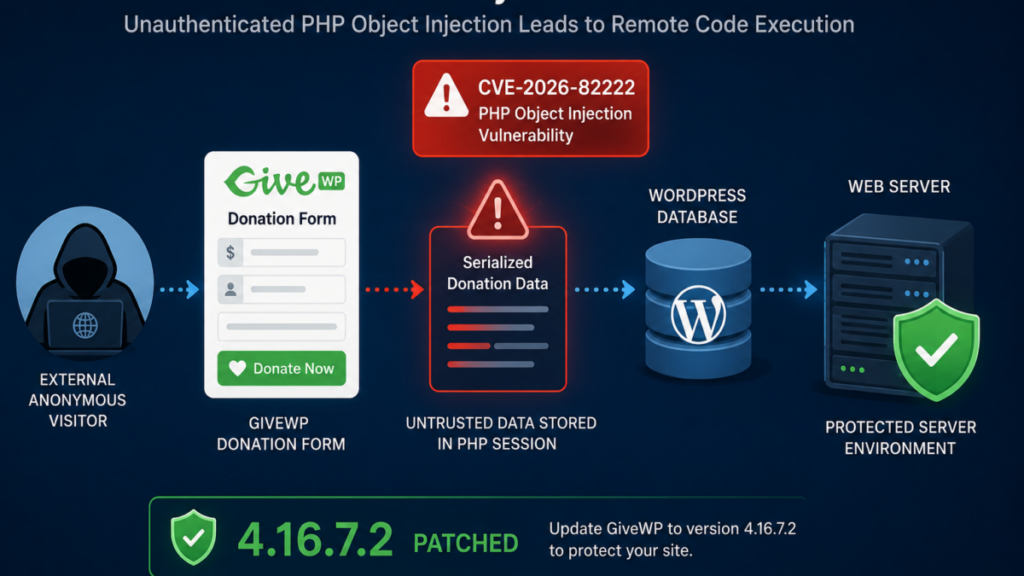 Critical GiveWP vulnerability CVE-2026-82222 showing the defensive path from a donation form to WordPress server security.