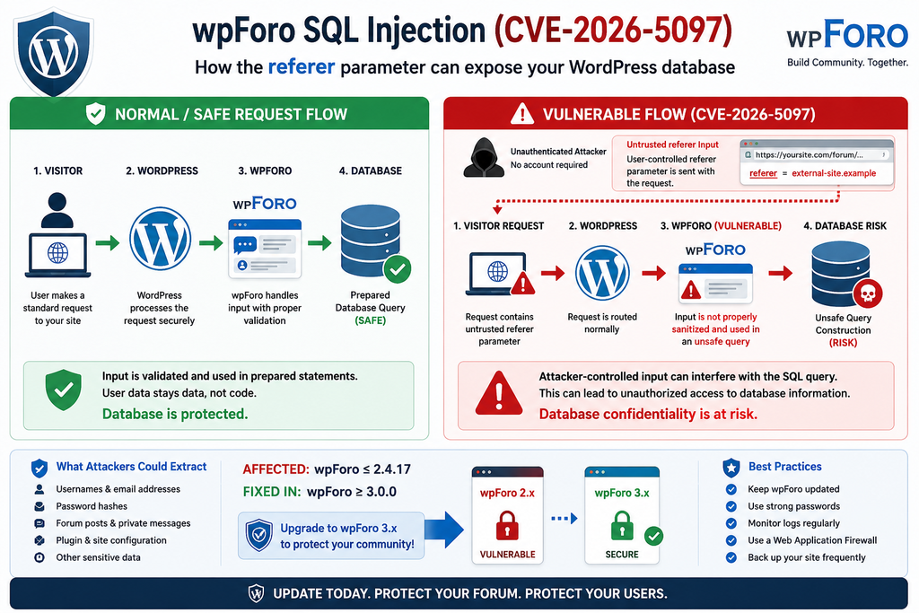 Diagram explaining how CVE-2026-5097 affects database queries in wpForo