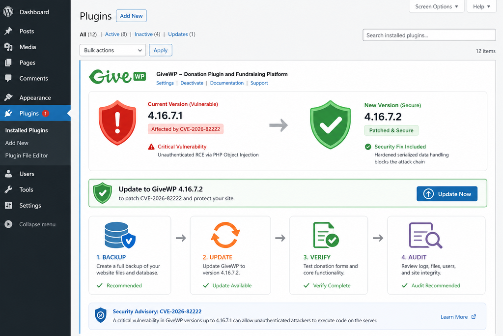 WordPress GiveWP security update from vulnerable version 4.16.7.1 to patched version 4.16.7.2 for CVE-2026-82222.
