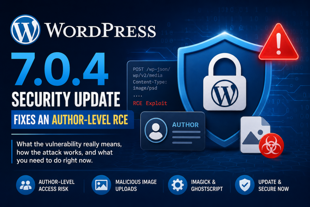WordPress 7.0.4 security update fixing an Author-level remote code execution vulnerability