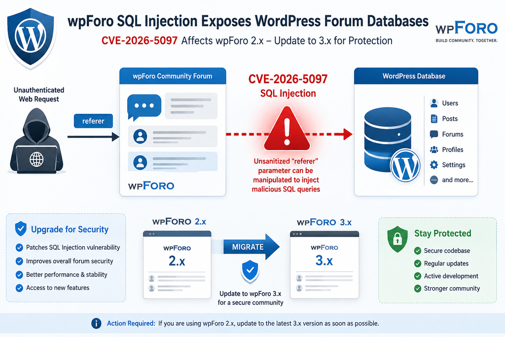wpForo vulnerability CVE-2026-5097 exposing a WordPress forum database to SQL injection