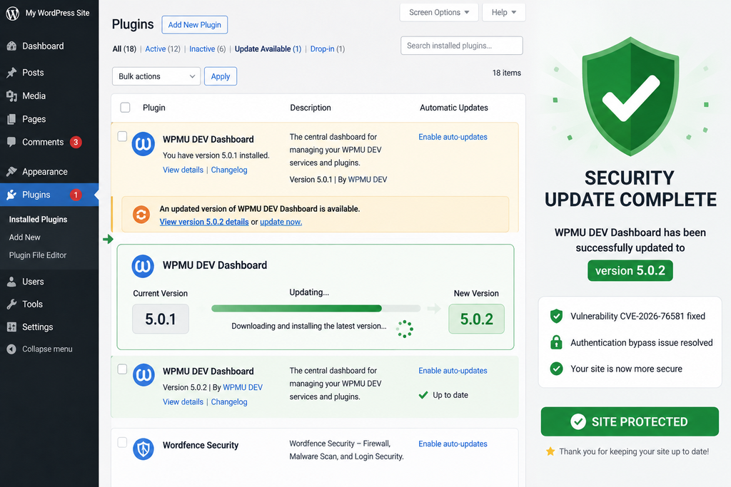 Updating WPMU DEV Dashboard from version 5.0.1 to secure version 5.0.2.