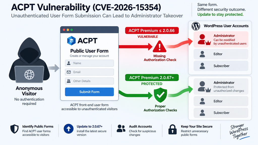 Defensive ACPT user form authorization flow showing how a user ID reaches wp_update_user and where permission checks protect WordPress accounts.