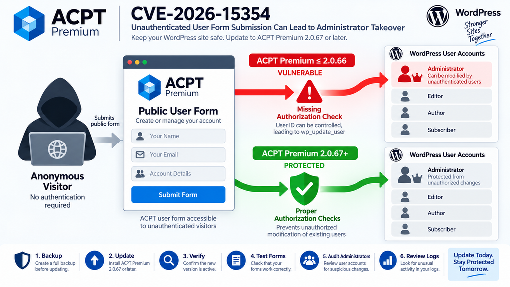 ACPT vulnerability CVE-2026-15354 showing an anonymous public form reaching WordPress administrator accounts through missing authorization.