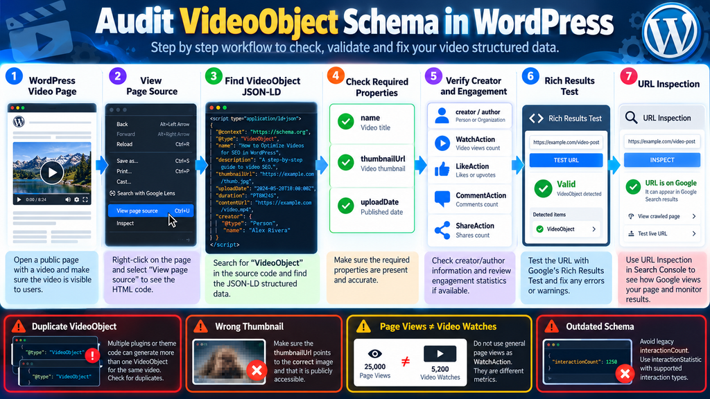 Workflow for auditing VideoObject structured data generated by WordPress