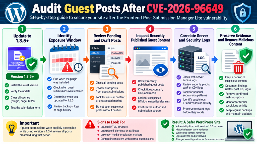 WordPress security checklist for auditing guest posts after updating Frontend Post Submission Manager Lite.