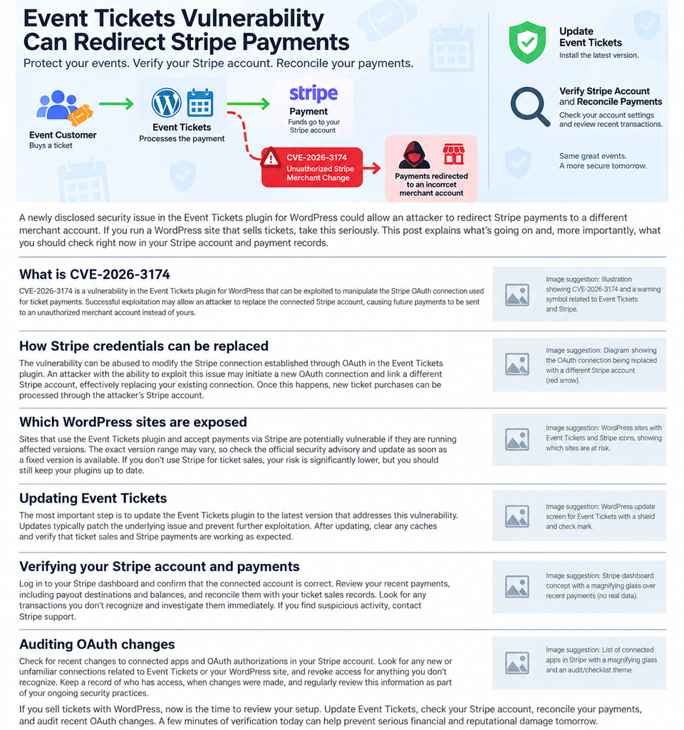 Event Tickets vulnerability diagram showing how unauthorized Stripe merchant changes could redirect WordPress ticket payments.