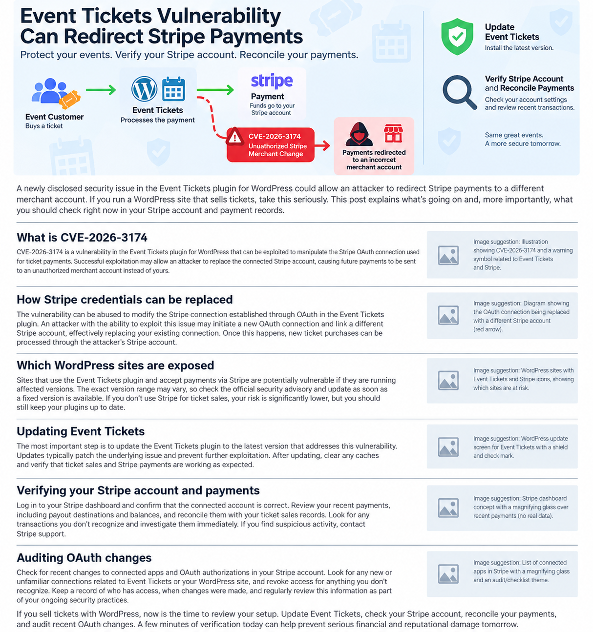 Event Tickets vulnerability diagram showing how unauthorized Stripe merchant changes could redirect WordPress ticket payments.