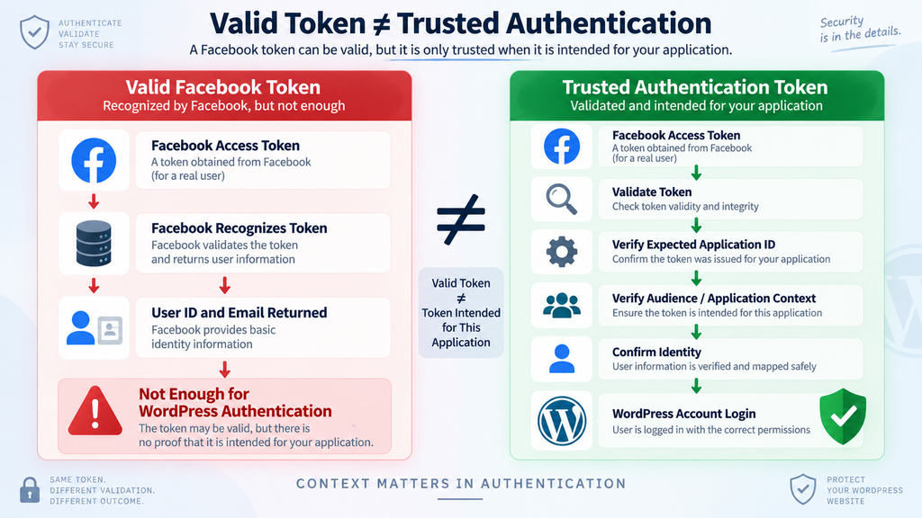 Facebook access token validation and audience verification comparison for secure WordPress authentication.