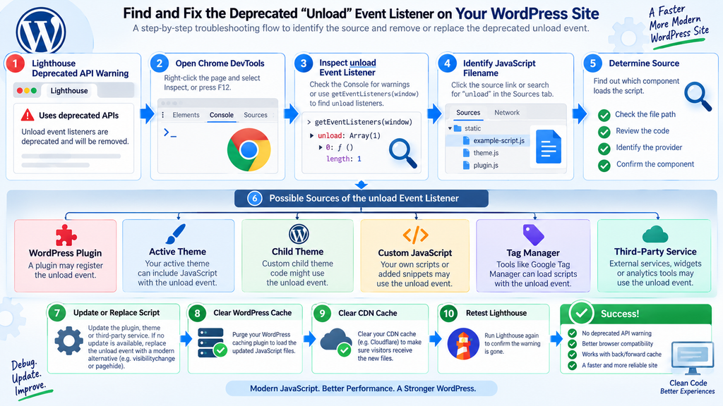 Flowchart for finding a deprecated unload event listener on a WordPress website