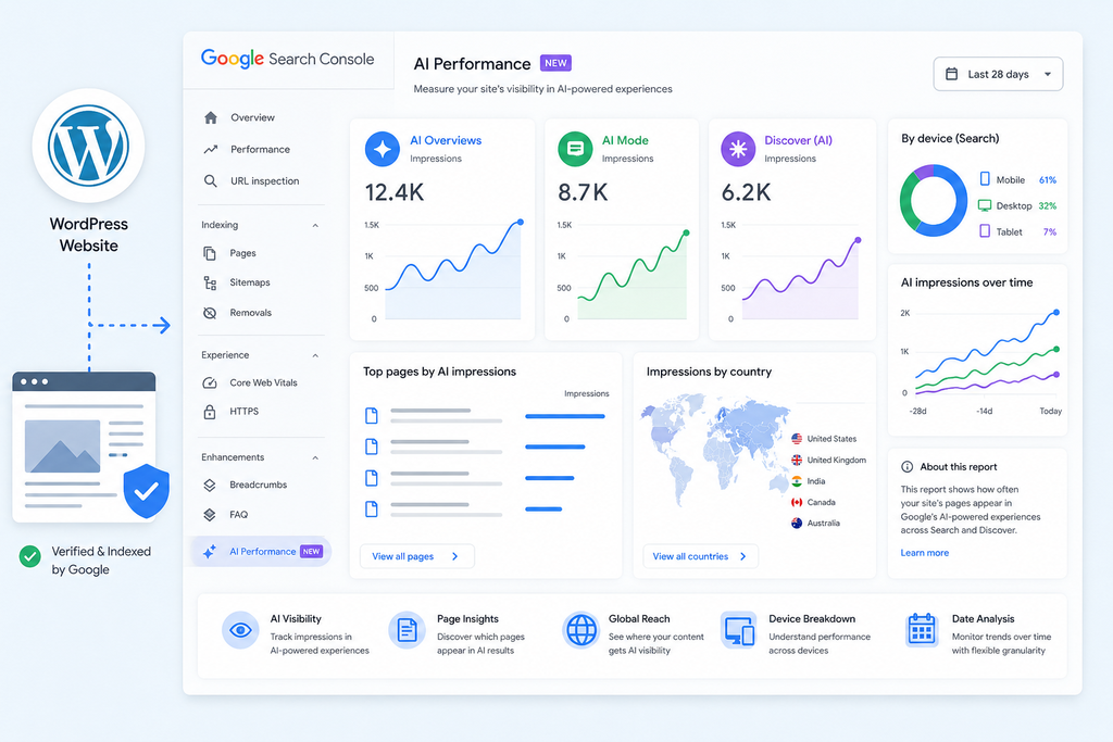 Google Search Console AI performance reports showing WordPress visibility in AI Overviews, AI Mode, and Discover