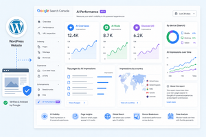 Google Search Console AI performance reports showing WordPress visibility in AI Overviews, AI Mode, and Discover