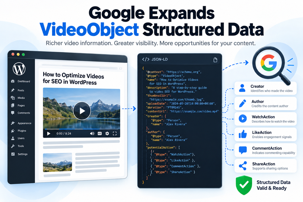 Google VideoObject structured data update for WordPress creators and video engagement
