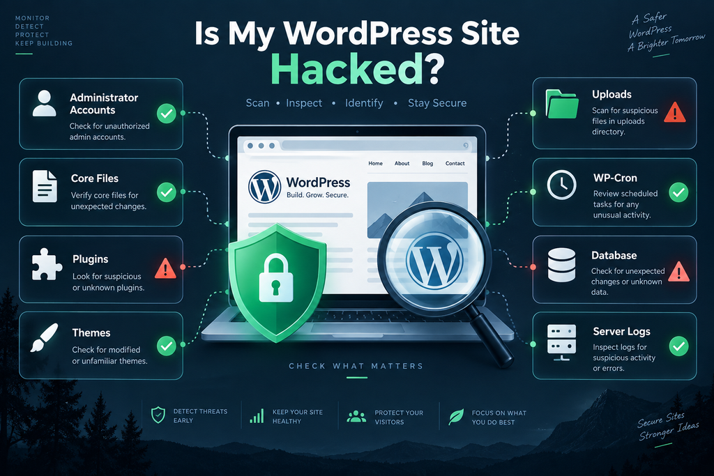 How to check if a WordPress site is hacked by reviewing users, files, plugins, uploads, cron jobs, database changes, and server logs.