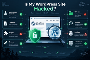 How to check if a WordPress site is hacked by reviewing users, files, plugins, uploads, cron jobs, database changes, and server logs.