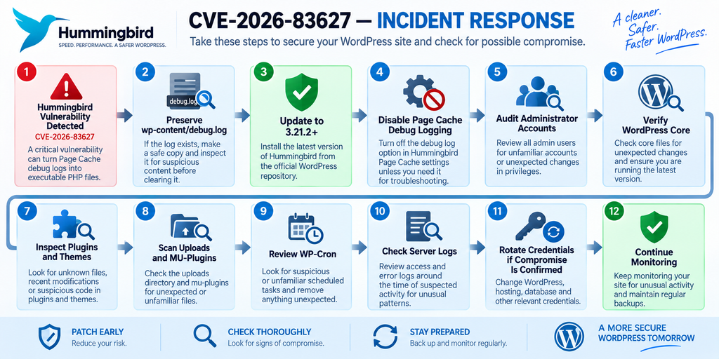 WordPress incident response checklist for investigating possible exploitation of the Hummingbird remote code execution vulnerability.