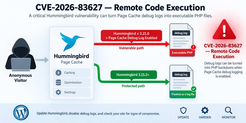 Diagram explaining how the Hummingbird vulnerability can affect Page Cache debug logging on vulnerable WordPress sites.