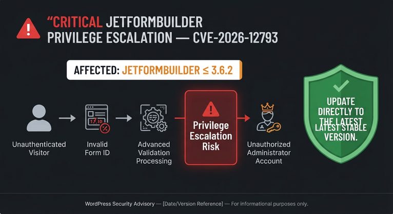 JetFormBuilder vulnerability CVE-2026-12793 diagram showing the risk of unauthenticated WordPress administrator account creation.