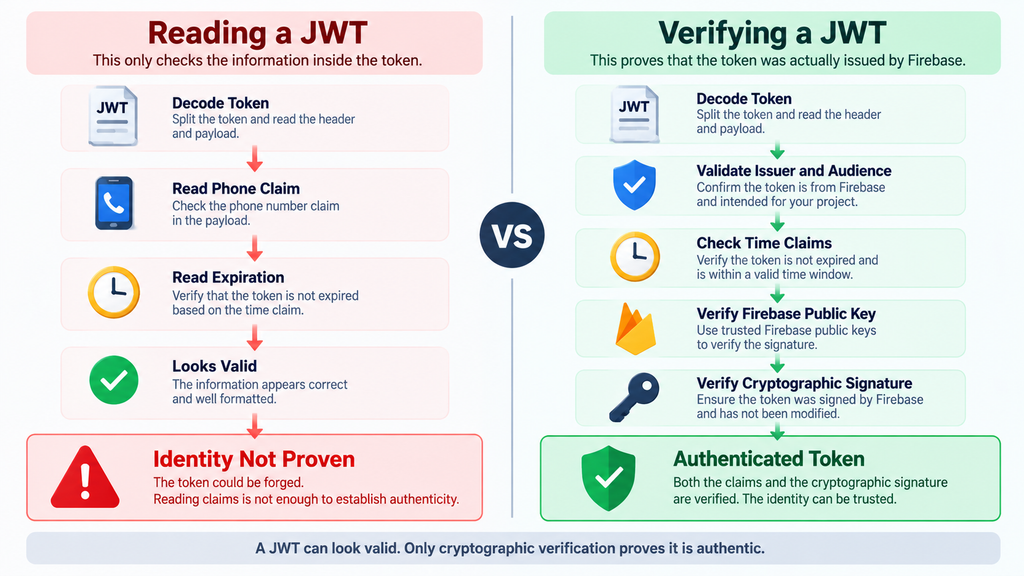 Comparison between reading JWT claims and cryptographically verifying a Firebase JWT signature.