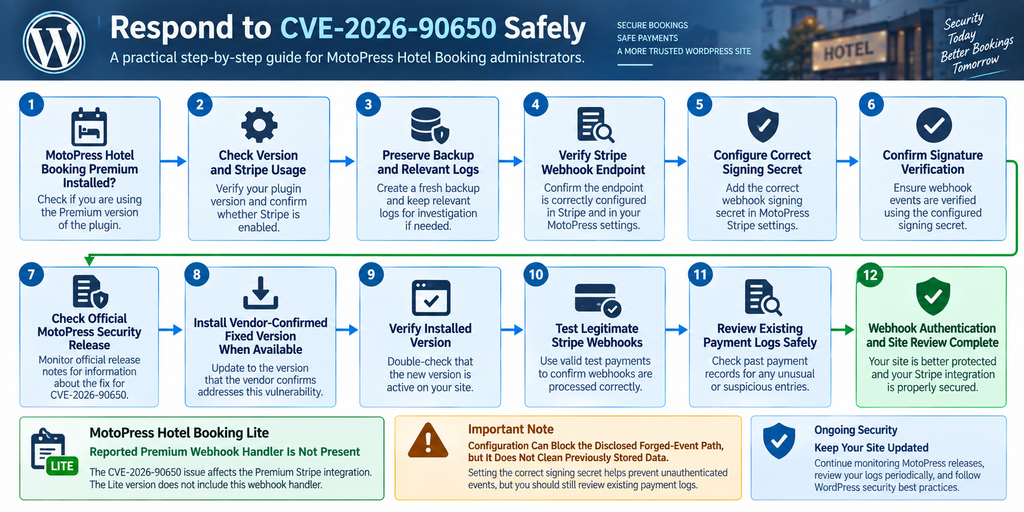 WordPress security remediation flowchart for CVE-2026-90650 covering MotoPress updates, Stripe signing-secret verification, and payment-log review.