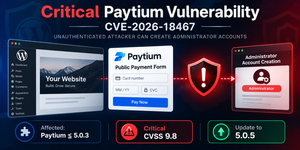 Diagram explaining the critical Paytium vulnerability CVE-2026-18467 affecting WordPress sites using Paytium 5.0.3 or earlier.