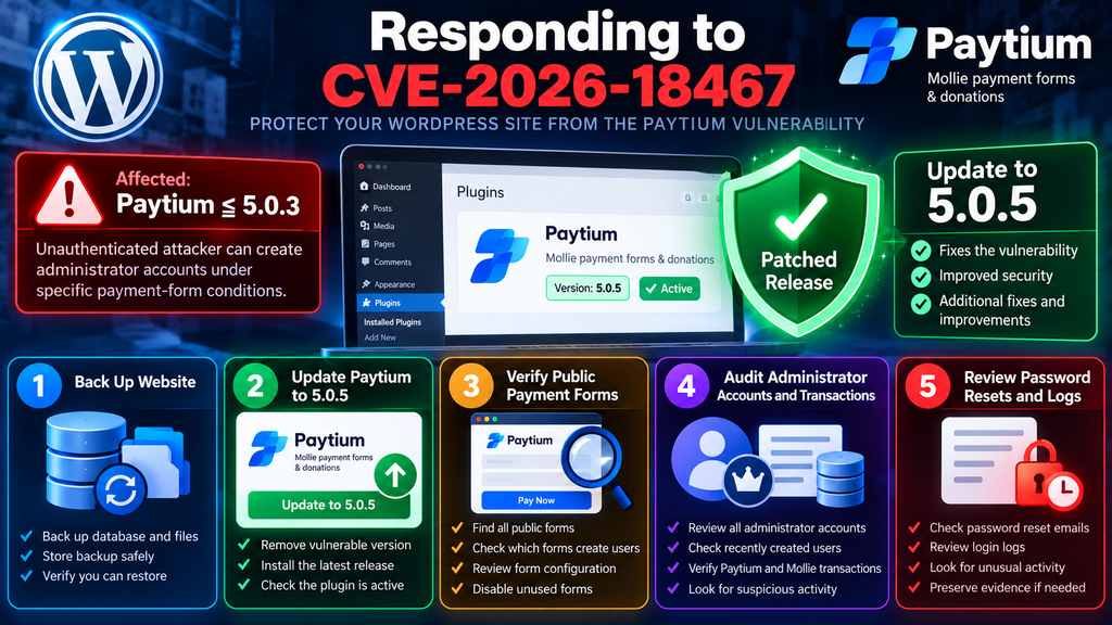 WordPress security checklist for updating Paytium and auditing a site after CVE-2026-18467.