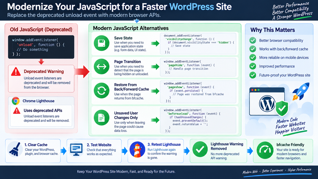 Modern JavaScript alternatives for replacing the deprecated unload event in WordPress