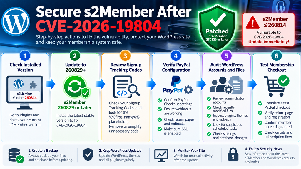 WordPress remediation workflow for securing s2Member against CVE-2026-19804.