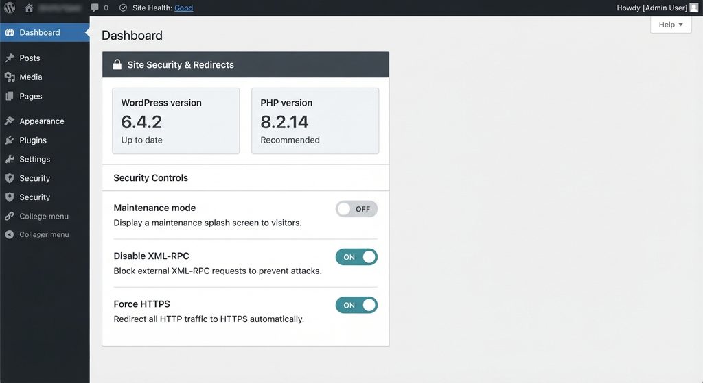 Site Security & Redirects WordPress dashboard controls for maintenance mode, XML-RPC and HTTPS