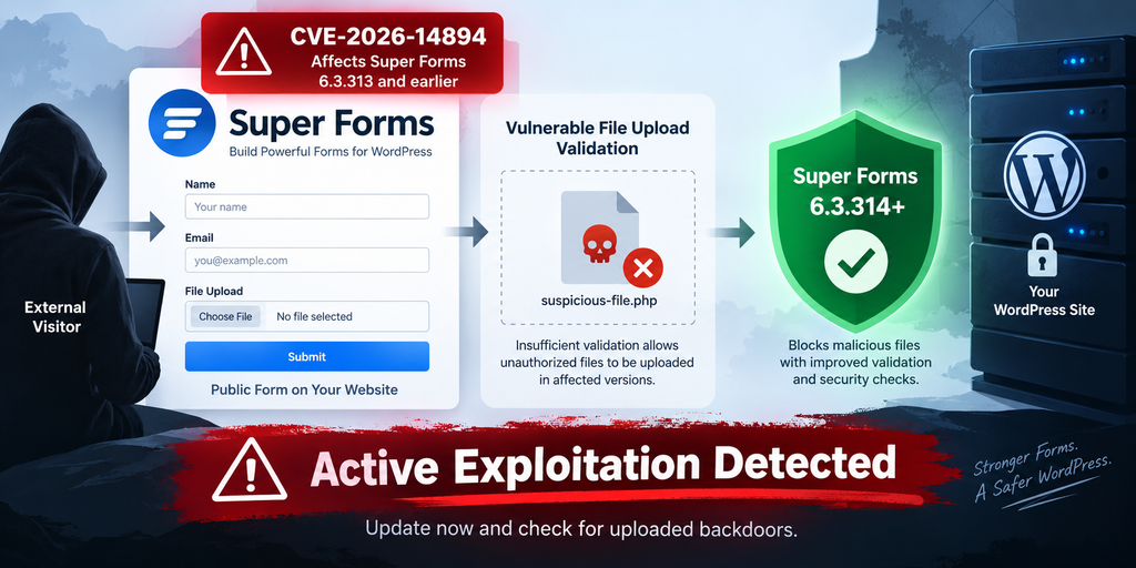 Critical Super Forms vulnerability CVE-2026-14894 showing an unauthenticated arbitrary file upload risk and the patched Super Forms version.