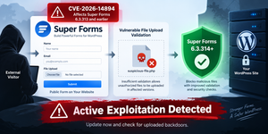 Critical Super Forms vulnerability CVE-2026-14894 showing an unauthenticated arbitrary file upload risk and the patched Super Forms version.