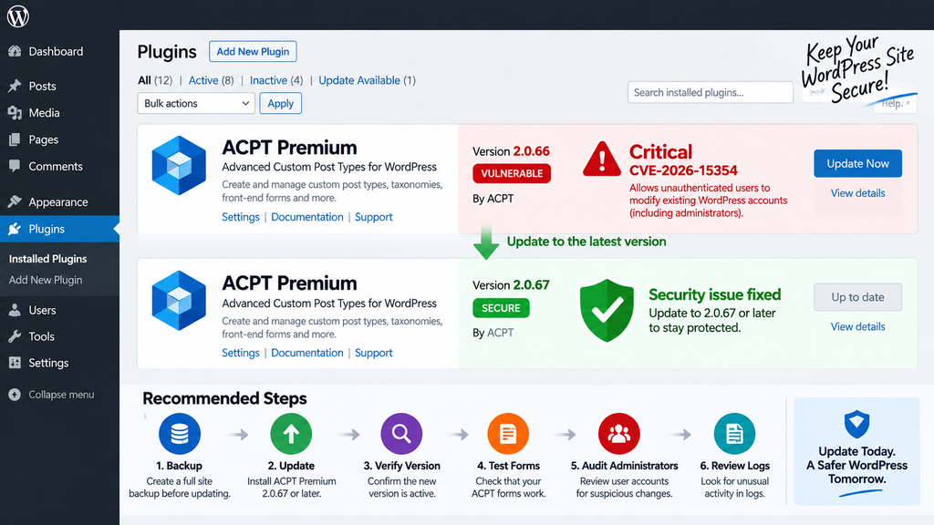 WordPress administrator updating ACPT Premium from vulnerable version 2.0.66 to secure version 2.0.67 and auditing administrator accounts.