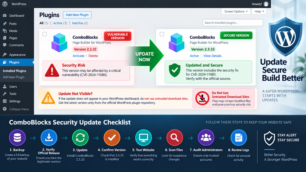 WordPress security checklist for updating ComboBlocks to a verified patched version