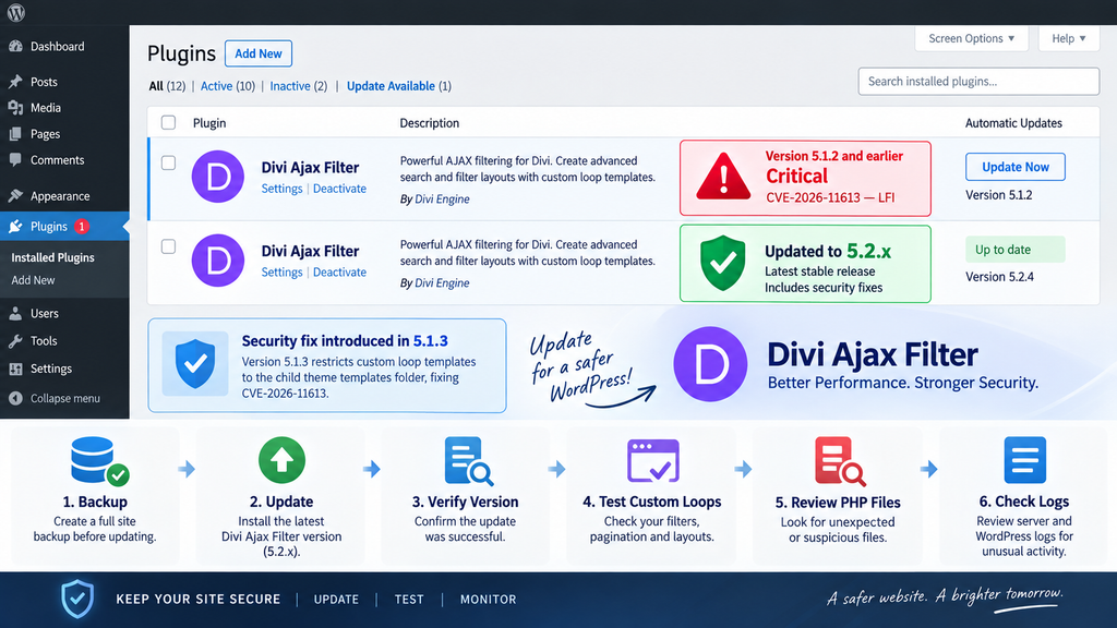 WordPress administrator updating Divi Ajax Filter from vulnerable version 5.1.2 to a patched release and reviewing security logs.