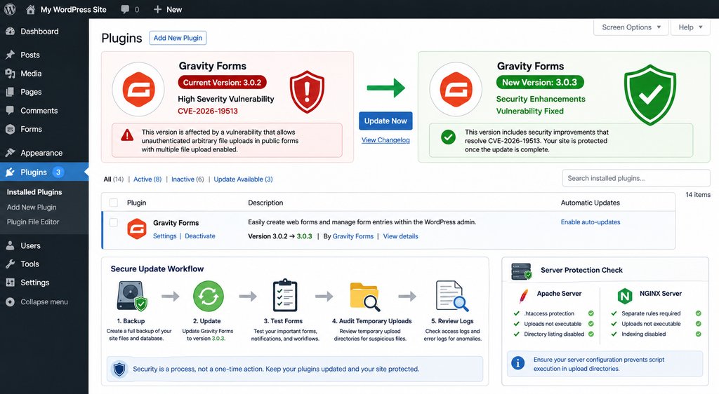 Updating Gravity Forms from version 3.0.2 to 3.0.3 to fix CVE-2026-19513