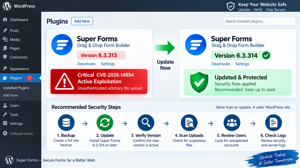 Updating the vulnerable Super Forms WordPress plugin from version 6.3.313 to patched version 6.3.314 or later.