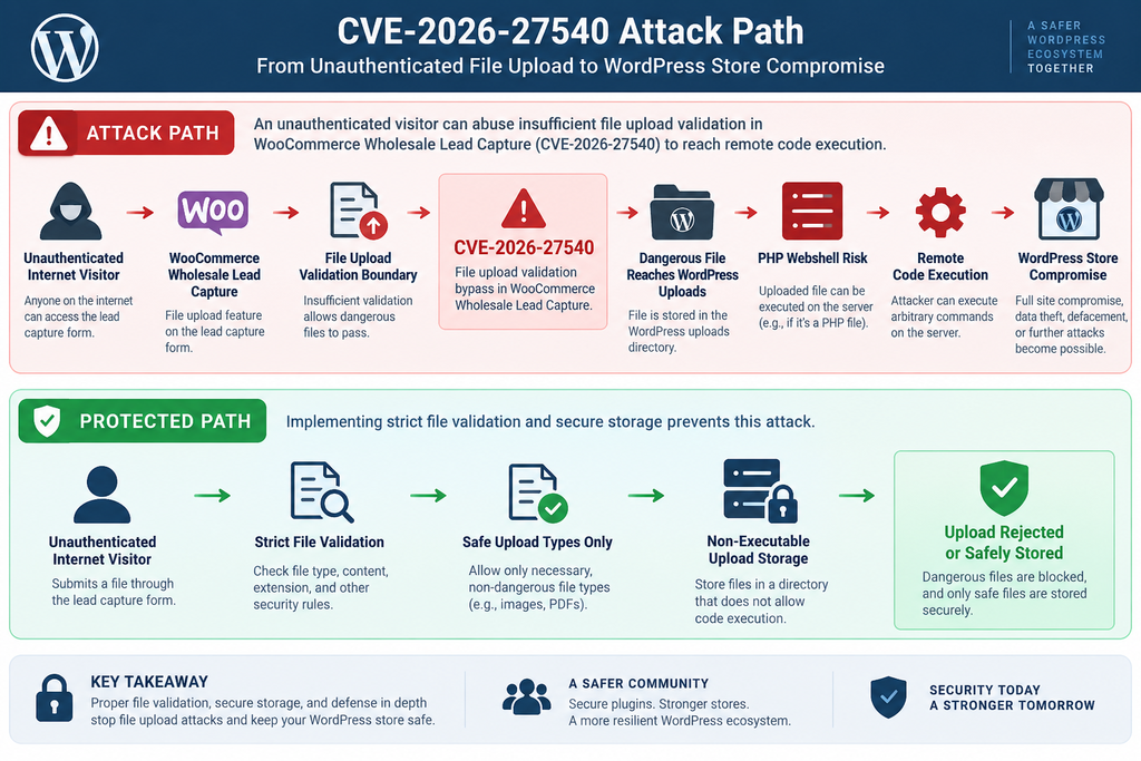 CVE-2026-27540 WooCommerce Wholesale Lead Capture vulnerability attack path and defensive file upload validation.