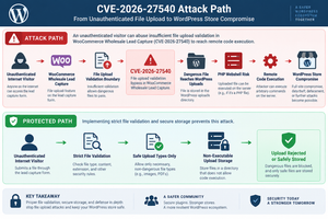 CVE-2026-27540 WooCommerce Wholesale Lead Capture vulnerability attack path and defensive file upload validation.