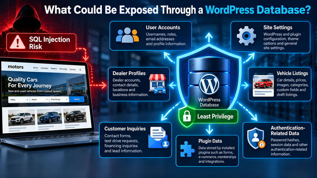 WordPress database information potentially exposed by a SQL injection vulnerability and protected with least privilege.