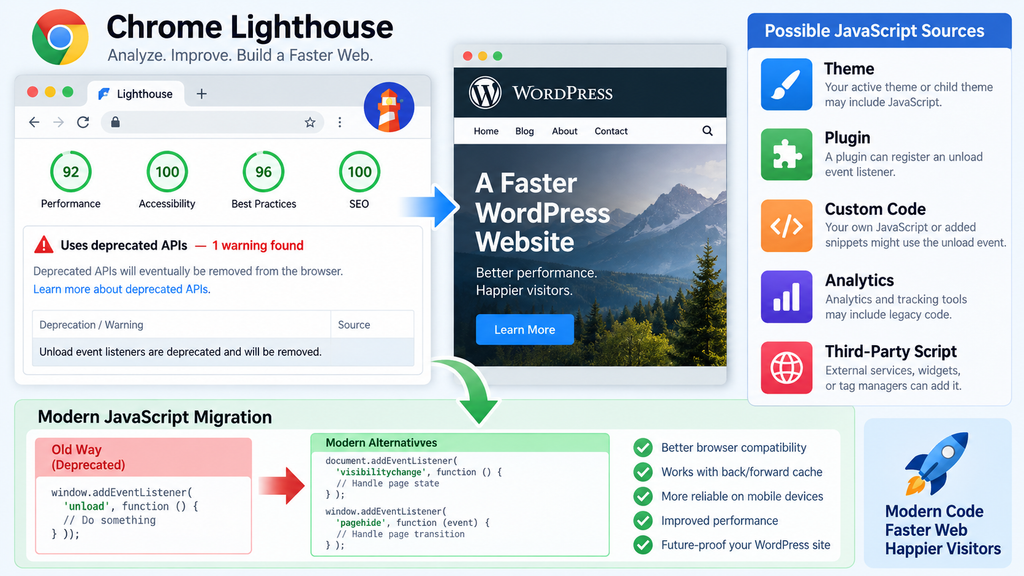 WordPress deprecated unload event warning in Chrome Lighthouse with modern JavaScript alternatives