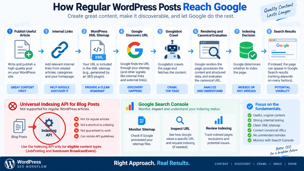 Safe WordPress Google indexing workflow using internal links, XML sitemaps, Googlebot, and Search Console