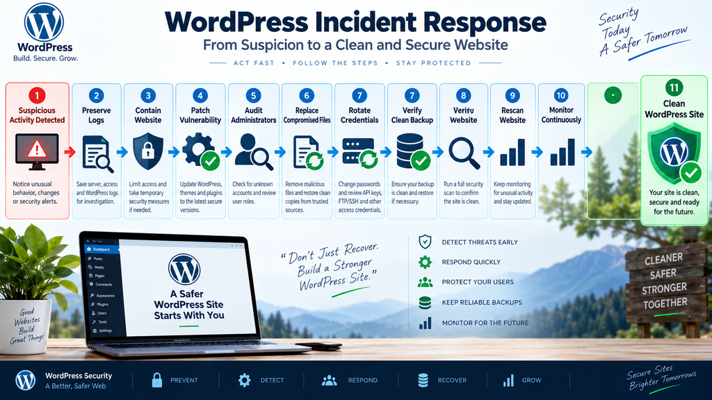 WordPress hacked site recovery process covering containment, updates, account auditing, clean files, password rotation, rescanning, and monitoring.