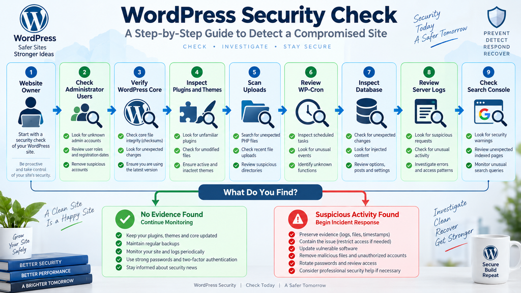WordPress hacked site security checklist for checking administrators, core files, plugins, uploads, cron jobs, database records, logs, and Search Console.