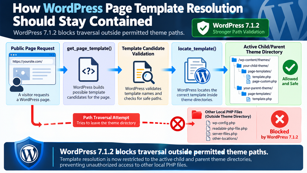 Diagram explaining how WordPress 7.1.2 prevents page template paths from leaving active theme directories.