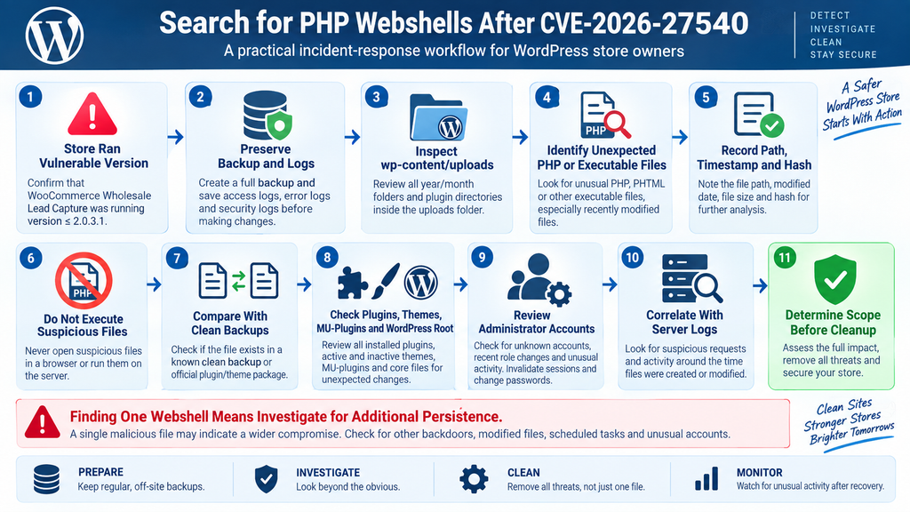 WordPress incident response workflow for finding PHP webshells after CVE-2026-27540 exposure.