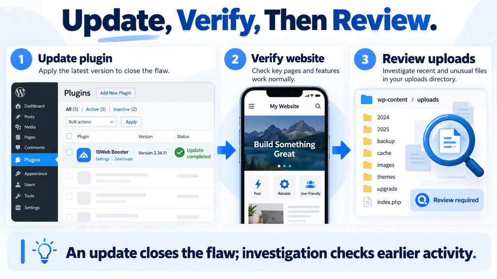 WordPress update workflow showing version verification and a separate review for earlier suspicious activity.
